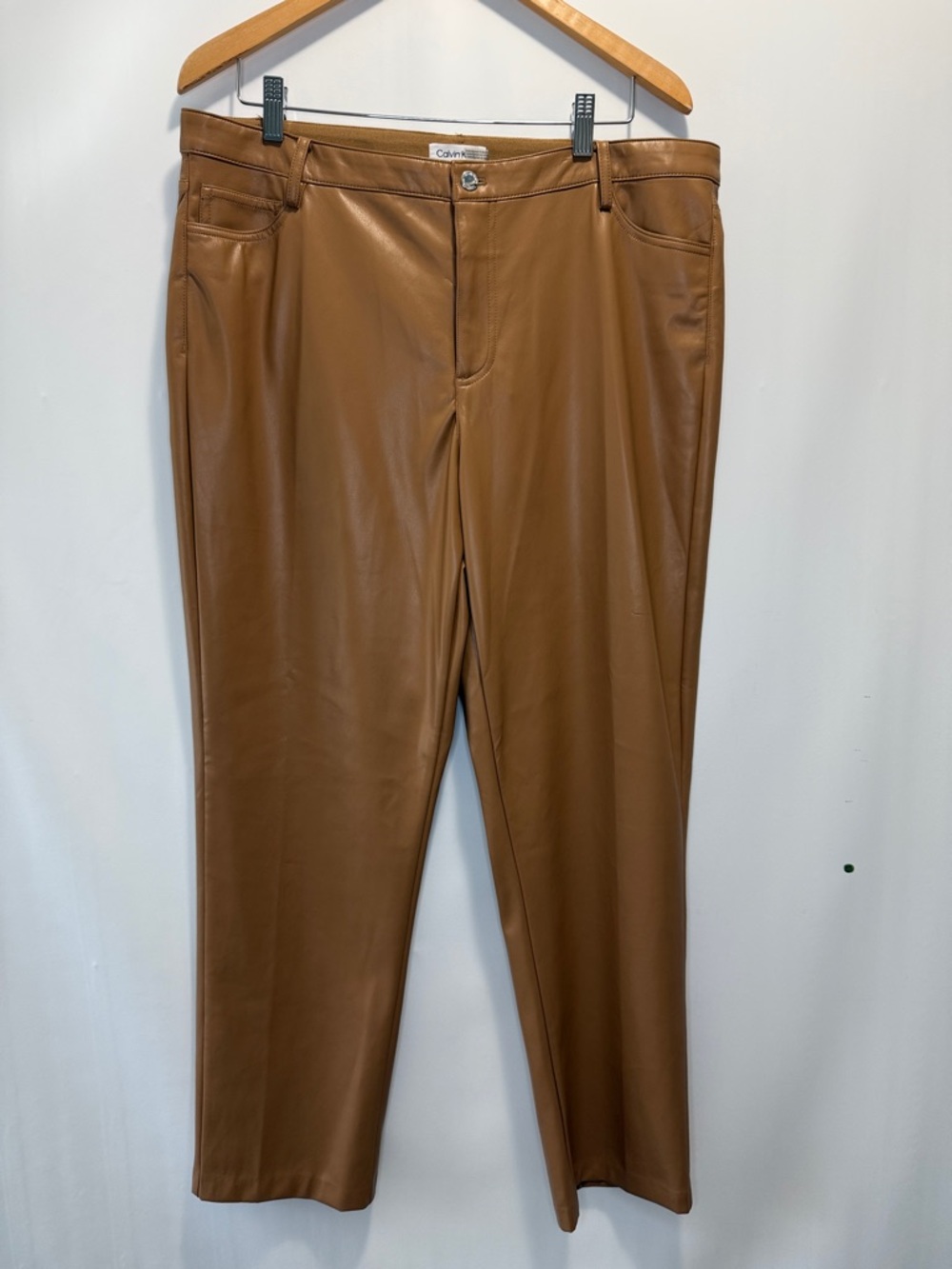 Calvin Klein Womens Cognac Faux Leather Straight-Leg Pants size 14